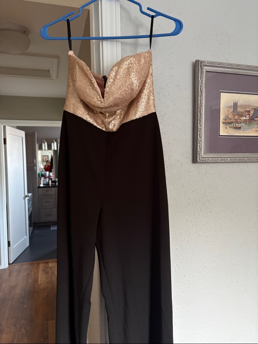 City Triangles Strapless Sequin Gold and Black Jumpsuit